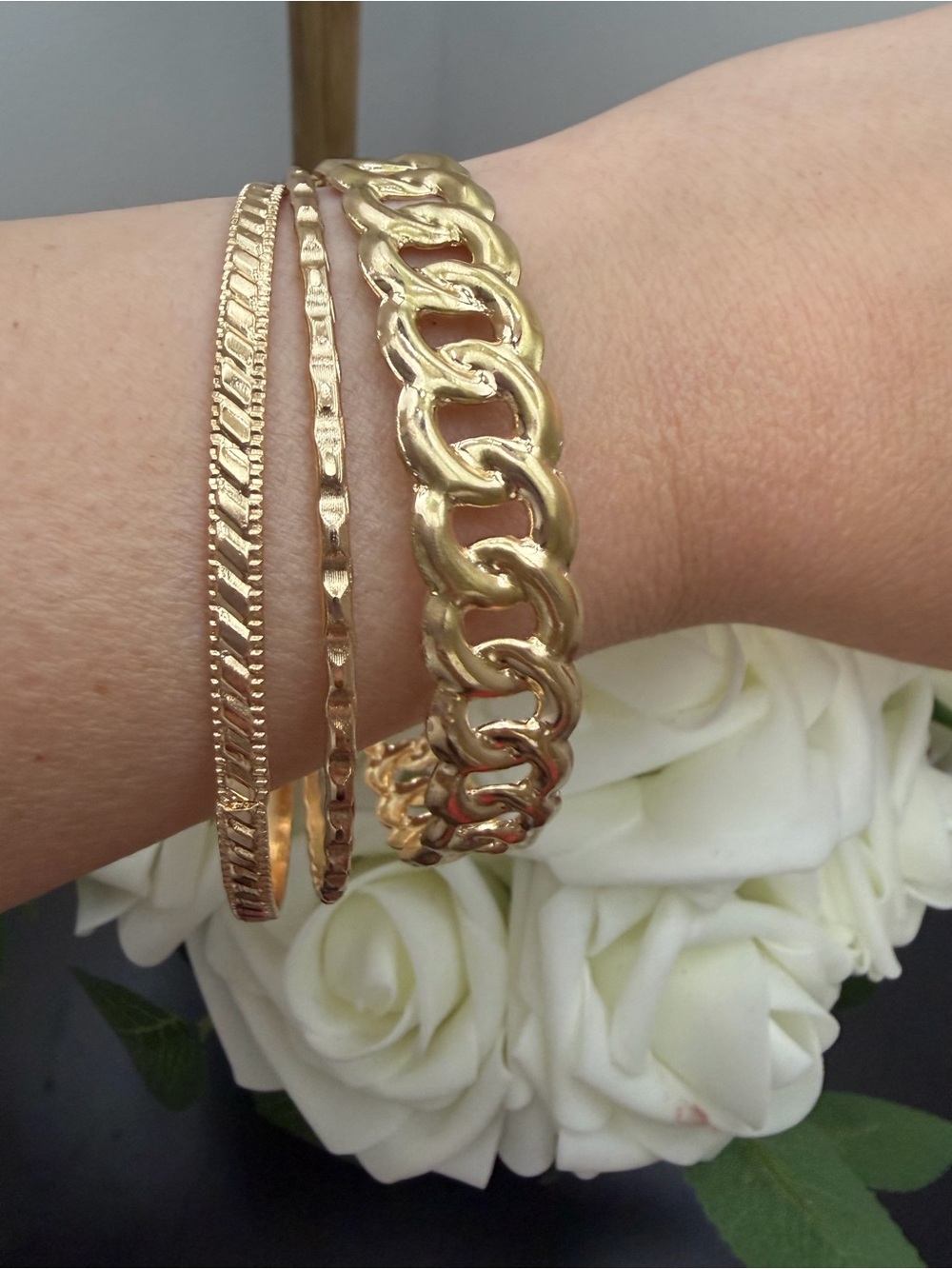 Gold Tone Chain and Textured Bangle Bracelet Set - Women's Jewelry